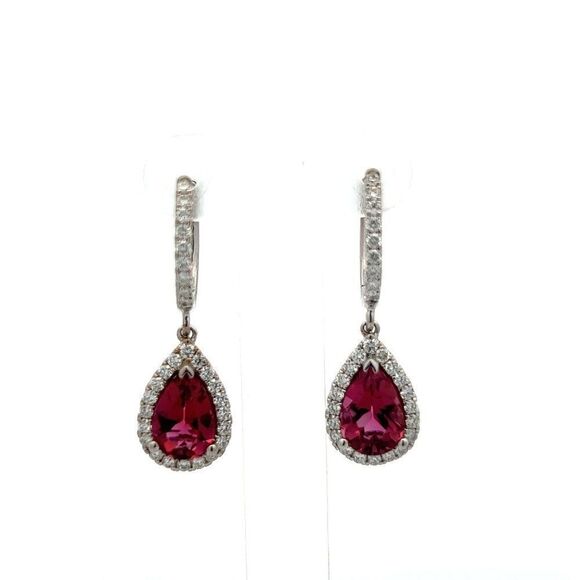 Diamond Rubellite Tourmaline Drop Earrings 18k W Gold 2.93 TCW Certified 210764 - Picture 1 of 13